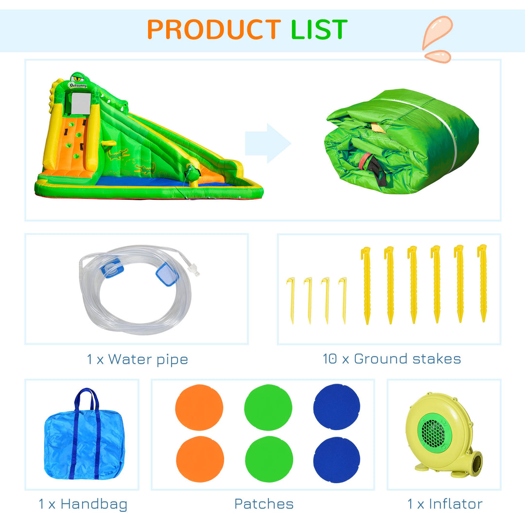 Outsunny 5 in 1 Kids Bouncy Castle Large Crocodile Style Inflatable House Slide Basket Water Pool Climbing Wall for Kids Age 3-8, 3.85 x 2.85 x 2.25m