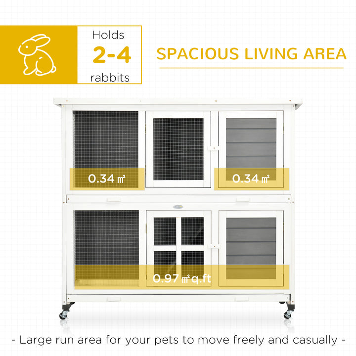 PawHut Wooden Rabbit Hutch with Wheels, Guinea Pig Cage, Small Animal House for Outdoor & Indoor with Slide-out Trays, 119 x 50.5 x 109cm, Grey