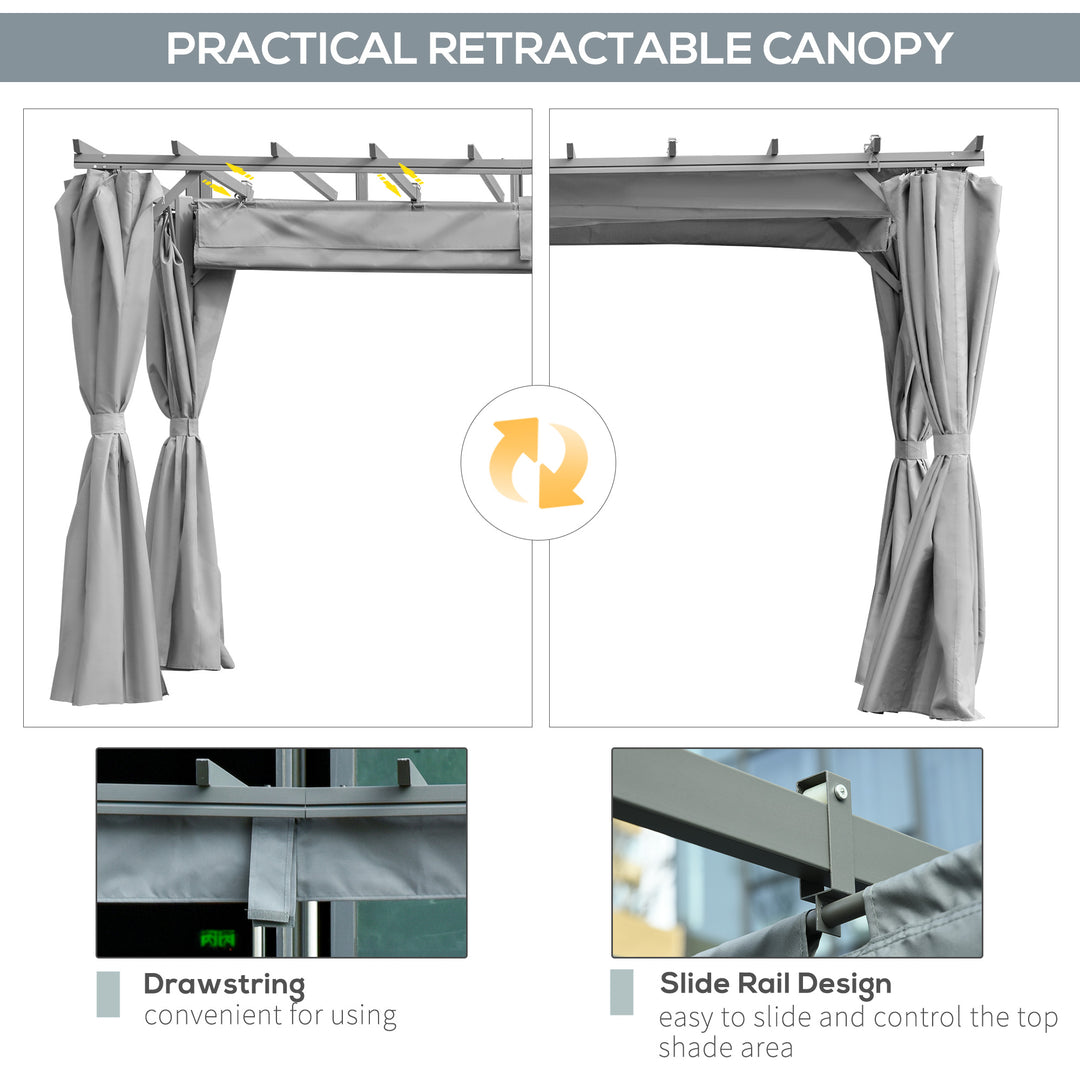 3.6 x 3(m) Outdoor Pergola Gazebo Retractable Canopy Garden Shelter Sun Shade Party with Curtains, Aluminum, Dark Grey