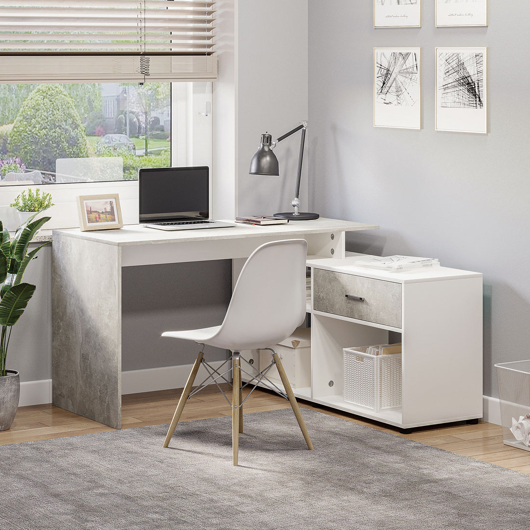 HOMCOM L-Shaped Computer Desk Home Office Corner Desk Study Workstation Space Saving Table with Shelves Drawer, Grey and White