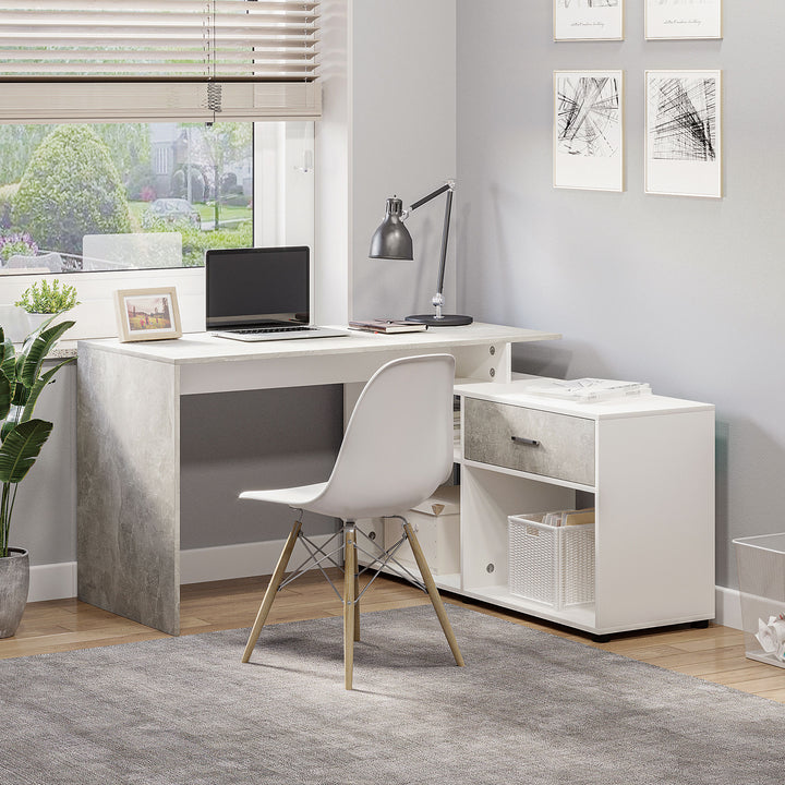 HOMCOM L-Shaped Computer Desk Home Office Corner Desk Study Workstation Space Saving Table with Shelves Drawer, Grey and White