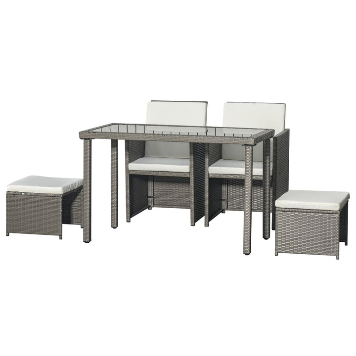 Outsunny 4-Seater Rattan Garden Furniture Space-saving Wicker Weave Sofa Set Conservatory Dining Table Table Chair Footrest Cushioned Grey