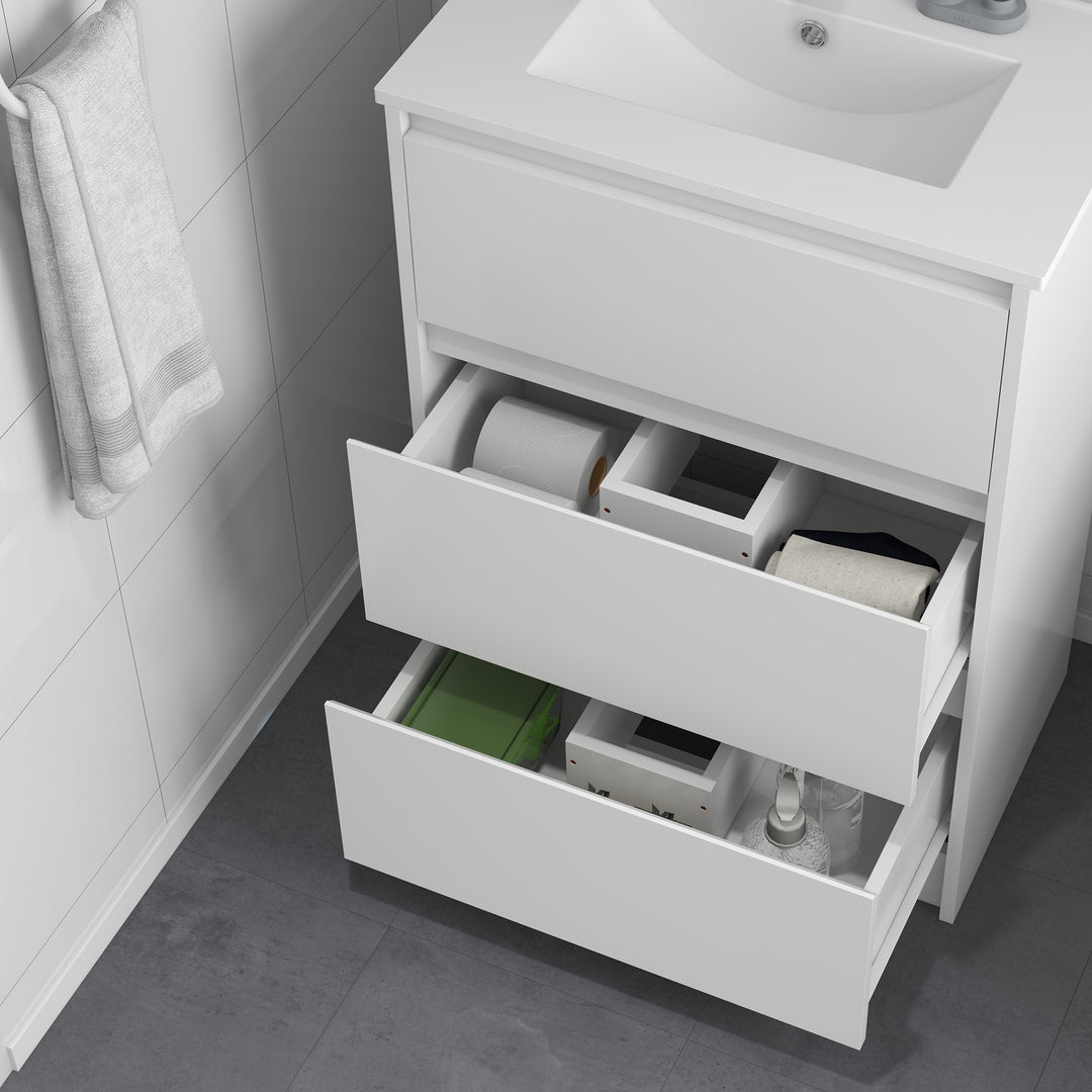 600mm Bathroom Vanity Unit with Basin and Single Tap Hole, High Gloss White Floor Standing Bathroom Sink Unit with 2 Drawers