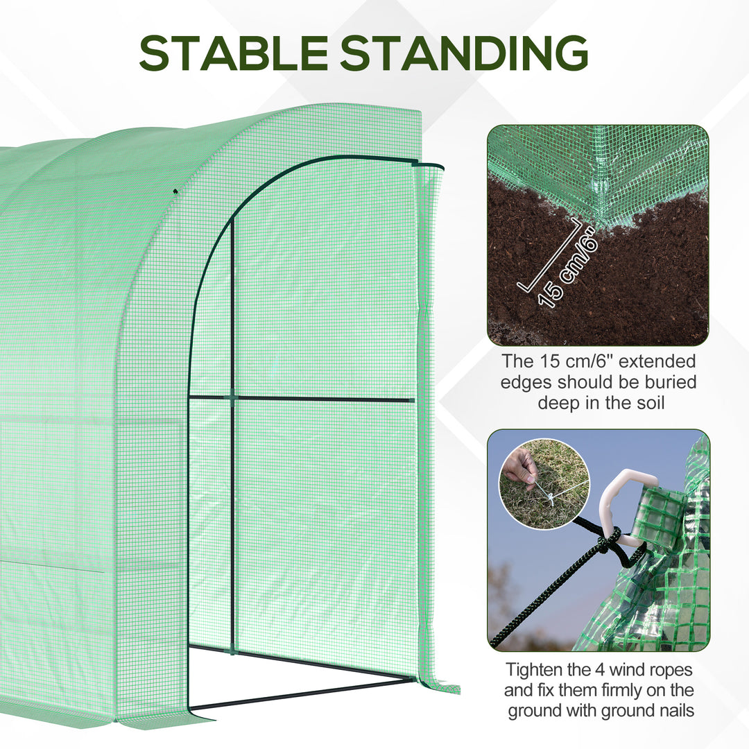 Outsunny Walk-In Lean to Wall Greenhouse with Windows and Doors 2 Tiers 6 Wired Shelves 300L x 150W x 215Hcm Green