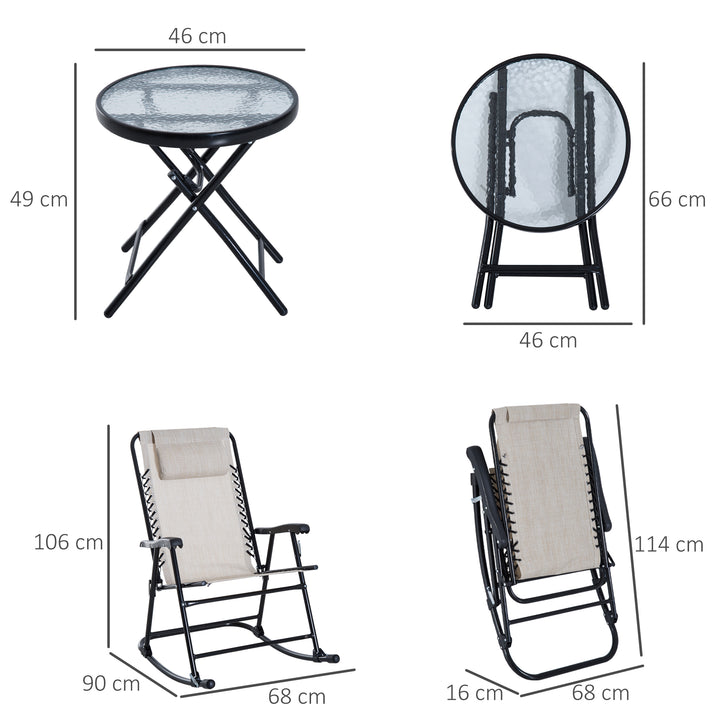 Outsunny 3 Piece Outdoor Rocking Set with 2 Folding Chairs and 1 Tempered Glass Table, Patio Bistro Set for Garden, Deck, Beige