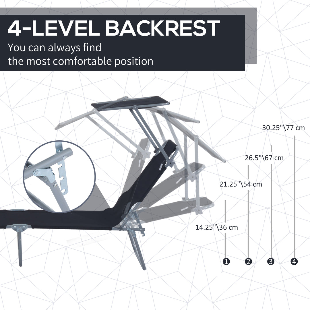 2 Pieces Outdoor Foldable Sun Lounger Set with Removeable Shade Canopy, Patio Recliner Sun Lounger with Adjustable Backrest with Mesh Fabric, Black