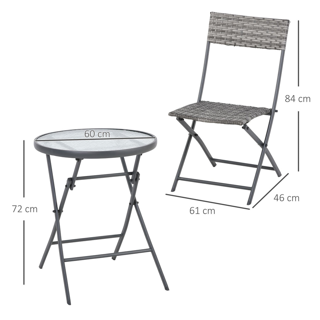 Outsunny 2 Seater Rattan Bistro Set Outdoor Foldable Wicker Conversation Balcony Furniture Set for Outdoor Yard Porch Poolside Lawn Balcony Grey