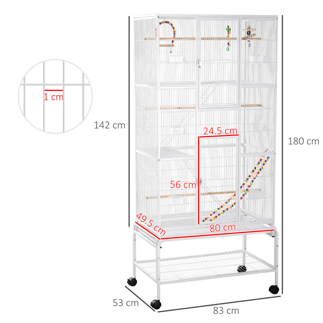 3 Tier Bird Cage with Stand, Wheels, Toys, Ladders, for Canaries, Finches, Cockatiels, Parakeets, Budgie Cage with Accessories - White