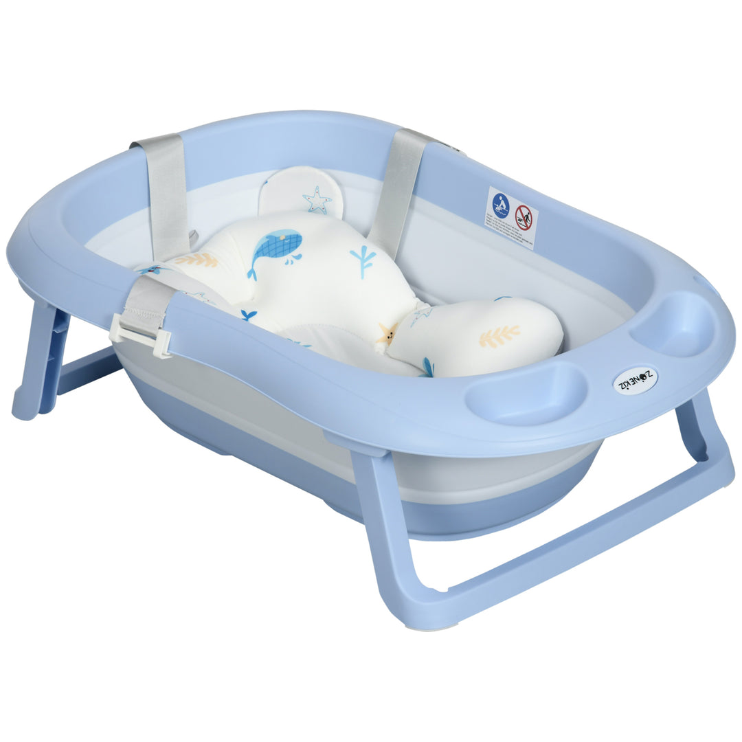 Foldable Baby Bath Tub, Bath Tub with Non-Slip Support, Cushion Pad, Drain Plugs, Shower Head Holder, for Newborn to 6 Years - Blue