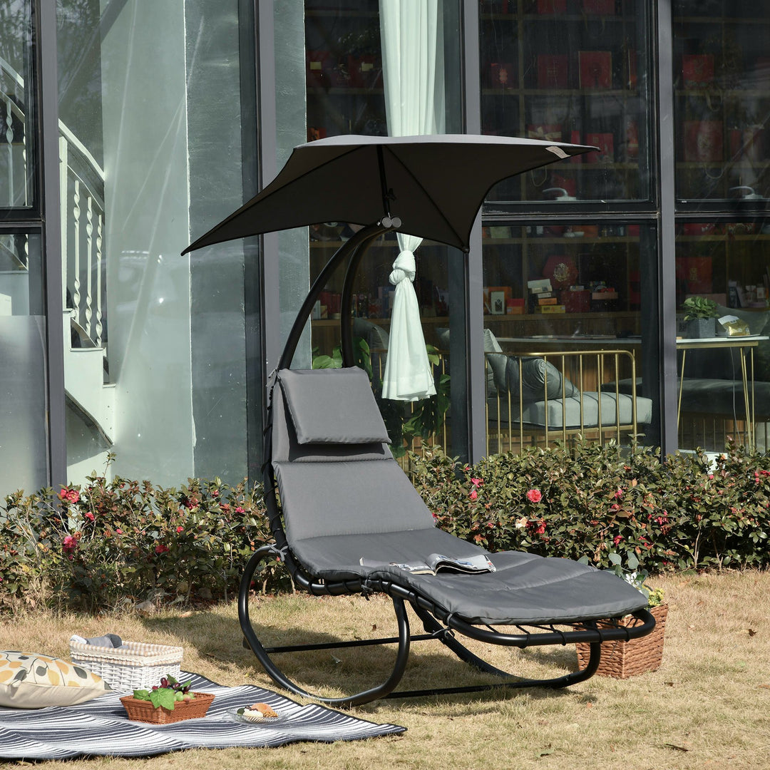 Patio Rocking Chaise Lounger Rocking Bed with Canopy Cushion Headrest Pillow