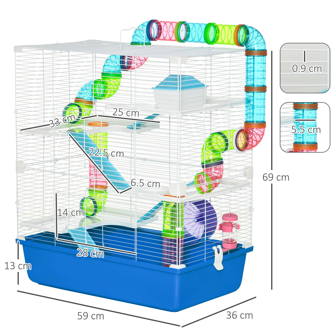 Large Hamster Cage, 5-Level Gerbil Haven, Small Rodent House, Tunnel Tube System, with Water Bottle, Exercise Wheel, Ramps, 59x36x 69 cm Blue