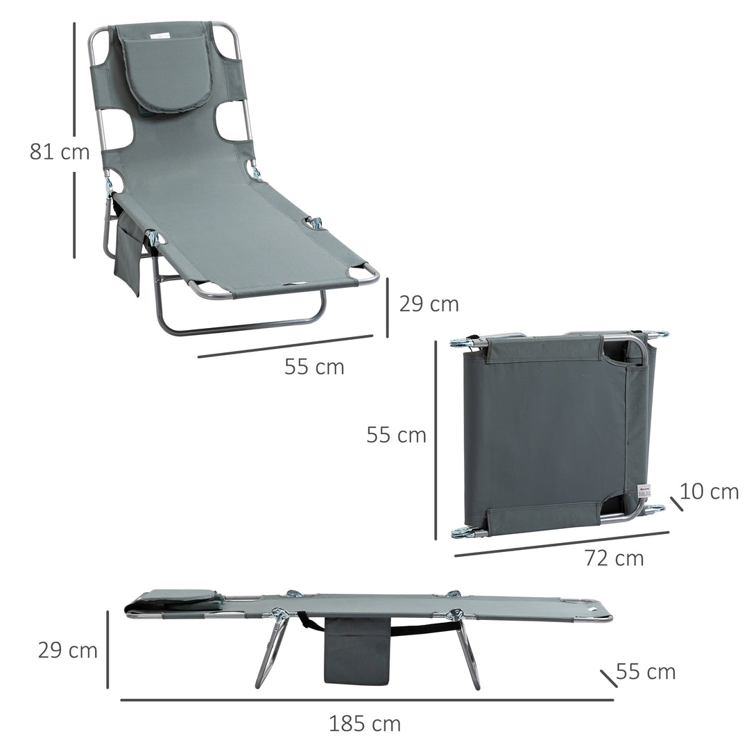 Beach Chaise Lounge with Face Cavity & Arm Slots, Portable Sun Lounger, Reclining Lounge Chair 5-position Adjustable Backrest Grey