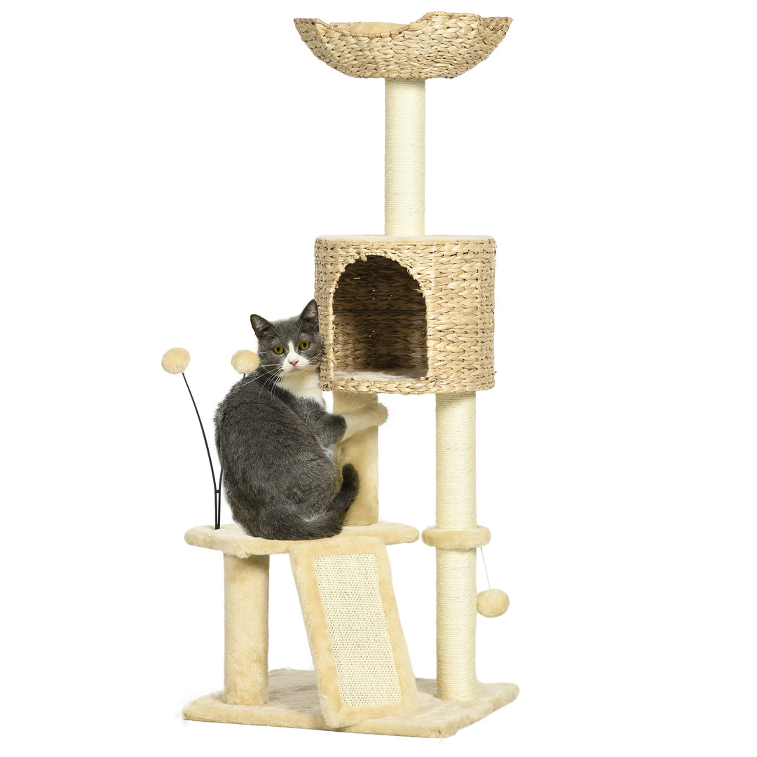 Cat Tree Tower with Scratching Post, Cat House, Bed, Toy Ball, Platform - Beige