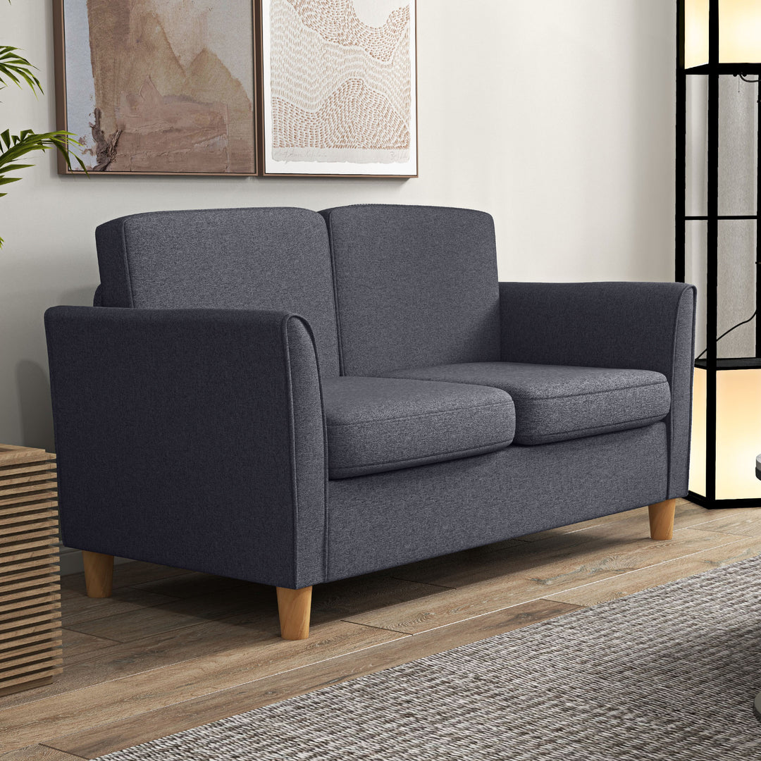 Compact Loveseat Sofa, Modern 2 Seater Sofa for Living Room with Wood Legs and Armrests, Dark Grey