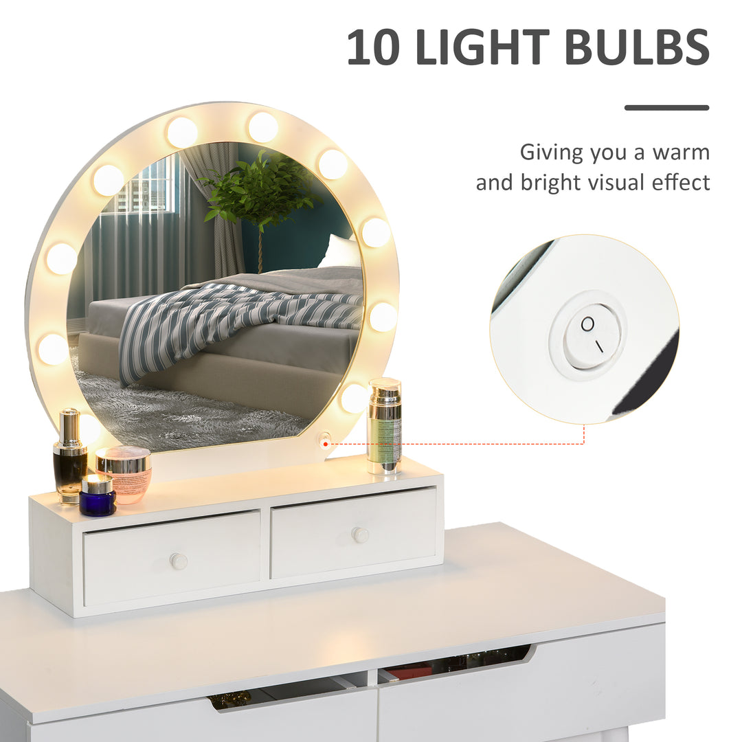 Dressing Table Set with LED with Table Stool Table Stool Set Makeup Dresser Desk with 4 Drawers for Bedroom White