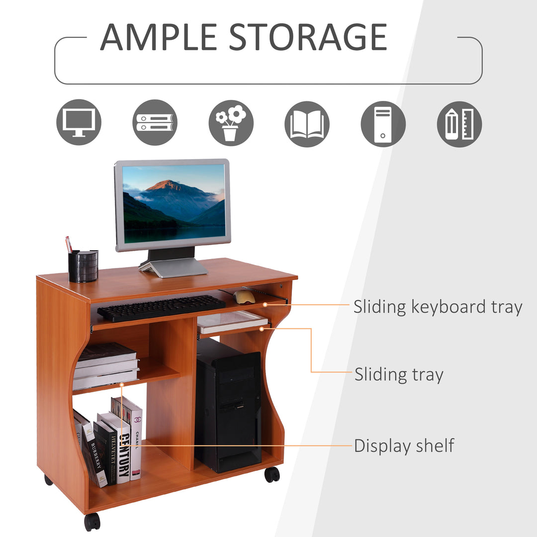 HOMCOM Movable Computer Desk with Sliding Keyboard Tray, PC Laptop Table with Storage Shelves, Workstation on Wheels, 80x48x76cm