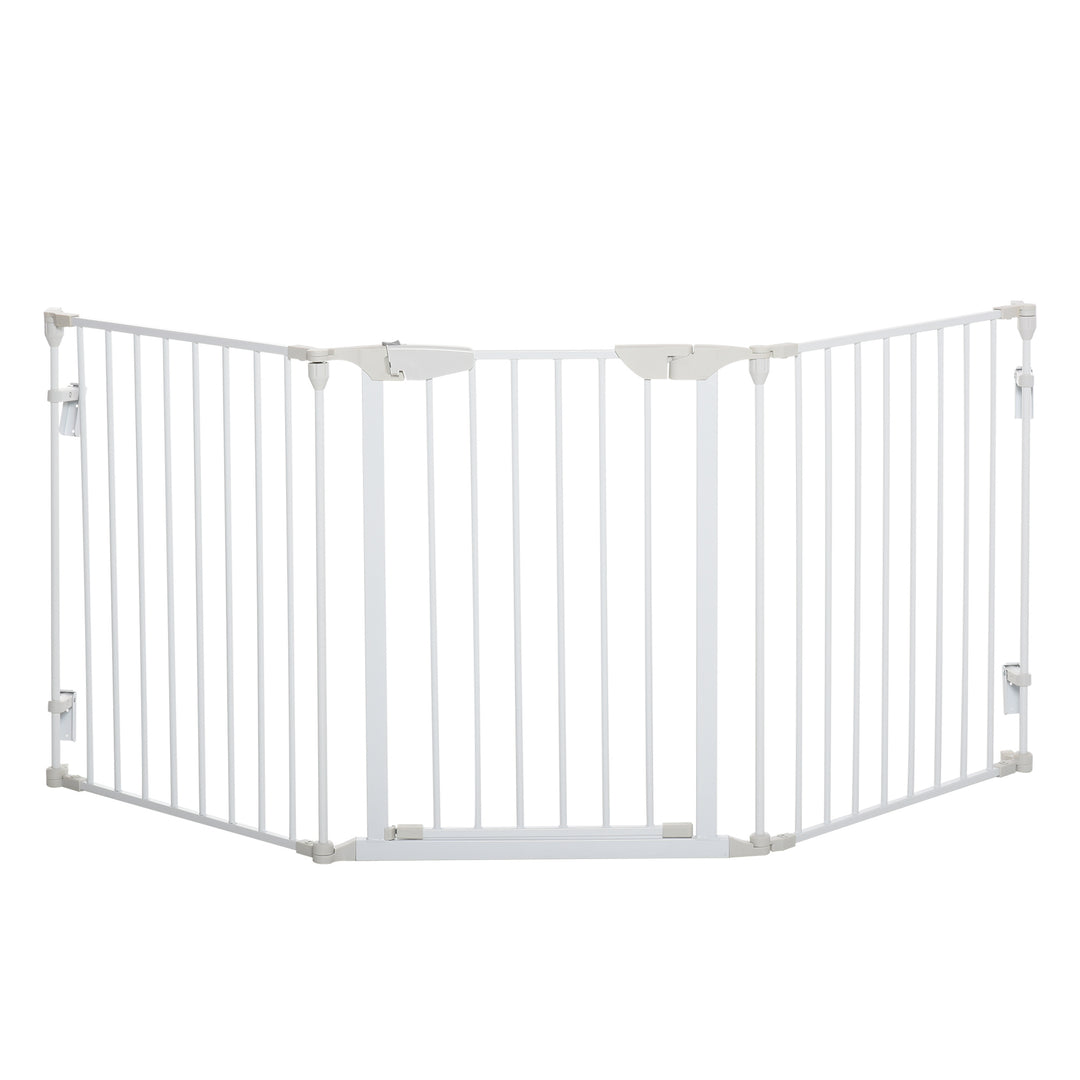 Pet Safety Gate 3-Panel Playpen Fireplace Christmas Tree Metal Fence Stair Barrier Room Divider w/Walk Through Door, White