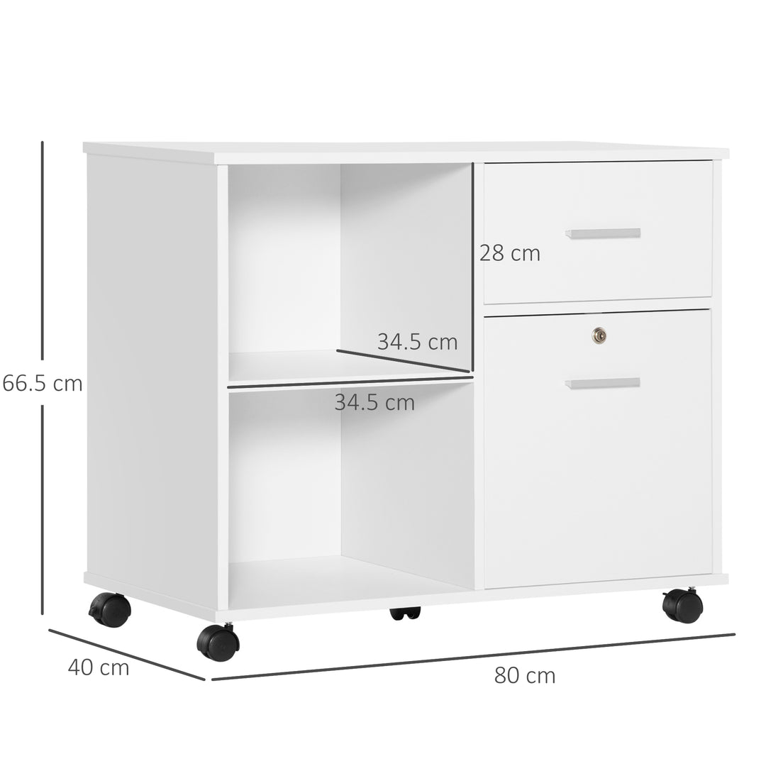 Vinsetto Filing Cabinet with Wheels, Mobile Printer Stand with Open Shelves and Drawers for A4 Size Documents, White