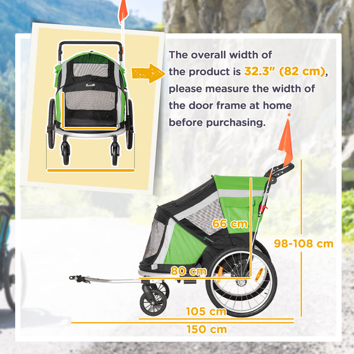 PawHut Dog Bike Trailer 2-in-1 Pet Stroller for Large Dogs Cart Foldable Bicycle Carrier Aluminium Frame with Safety Leash Hitch Coupler Flag Green