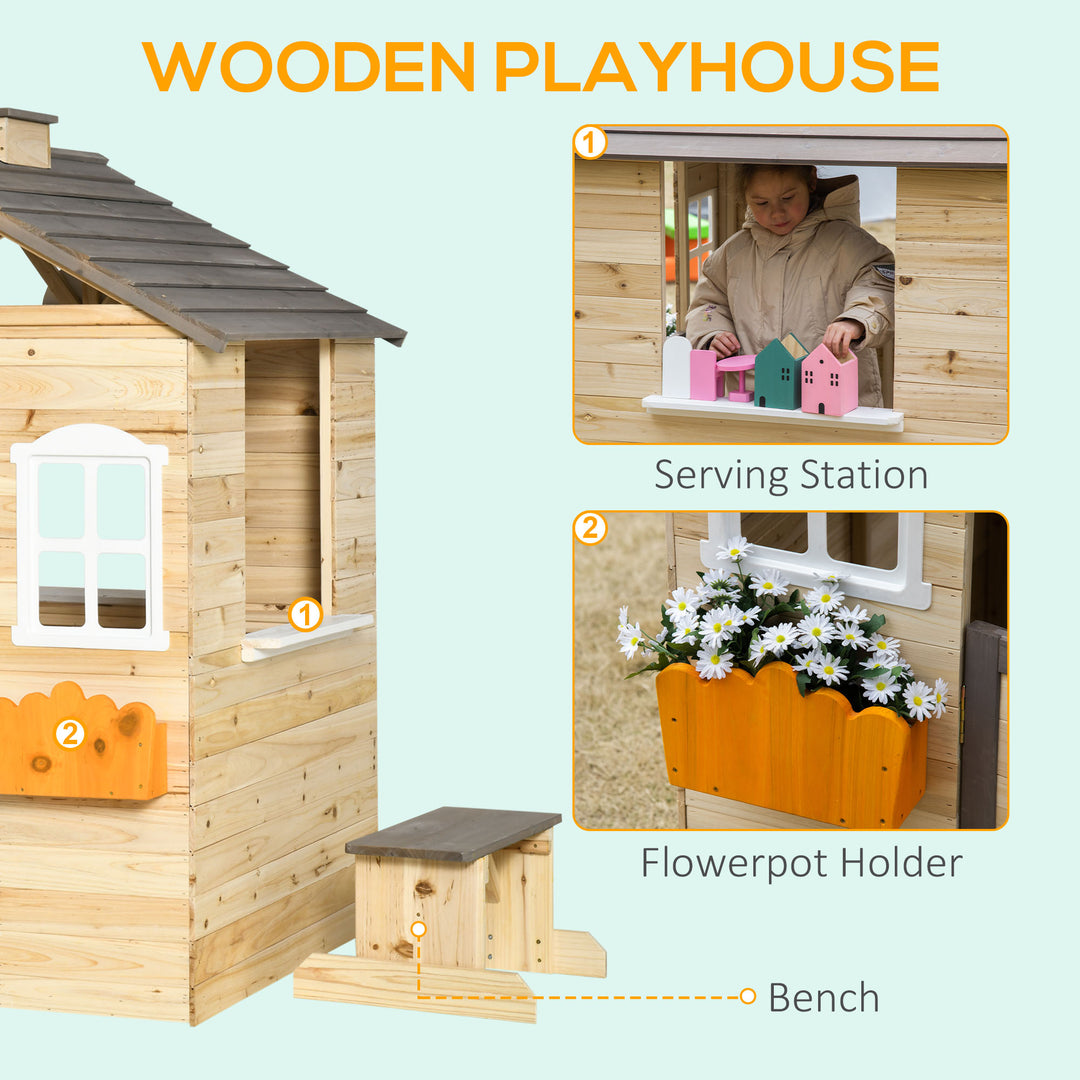 Wooden Kids Playhouse, Windows, Bench, Service Station, Flowers Pot Holder for 3-7 Years Old