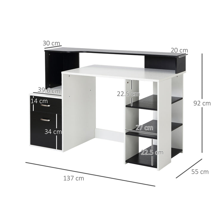 Computer Desk PC Table Modern Home Office Writing Workstation Furniture Printer Shelf Rack w/ Storage Drawer & Shelves (Black and white)