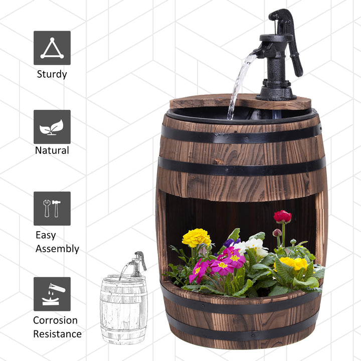 Wood Barrel Patio Water Fountain Electric Pump Garden Decorative Ornament with Flower Planter Decor