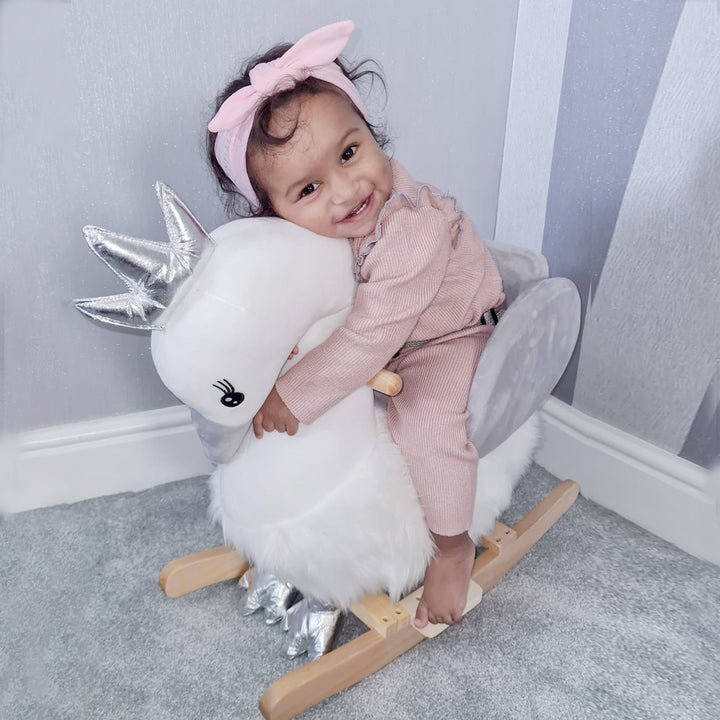 Kids Plush Ride-On Rocking Animal Horse Swan-shaped Toy Rocker with Realistic Sounds for Toddler 18-36 Months