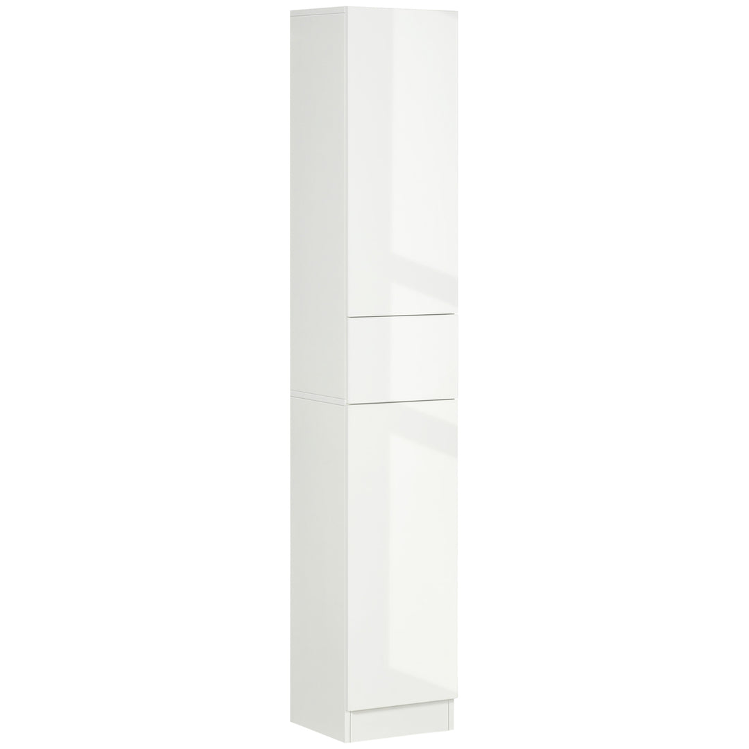 Tall Bathroom Cabinet with Adjustable Shelves, High Gloss Storage Cupboard, Freestanding Tallboy with Storage Drawer, White