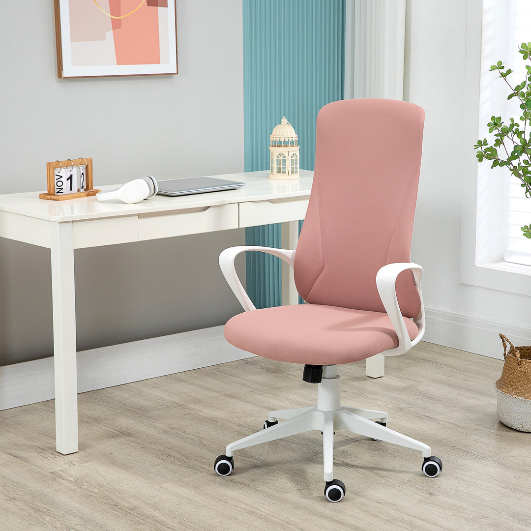 High-Back Office Chair, Elastic Desk Chair with Armrests, Tilt Function, Adjustable Seat Height, Pink