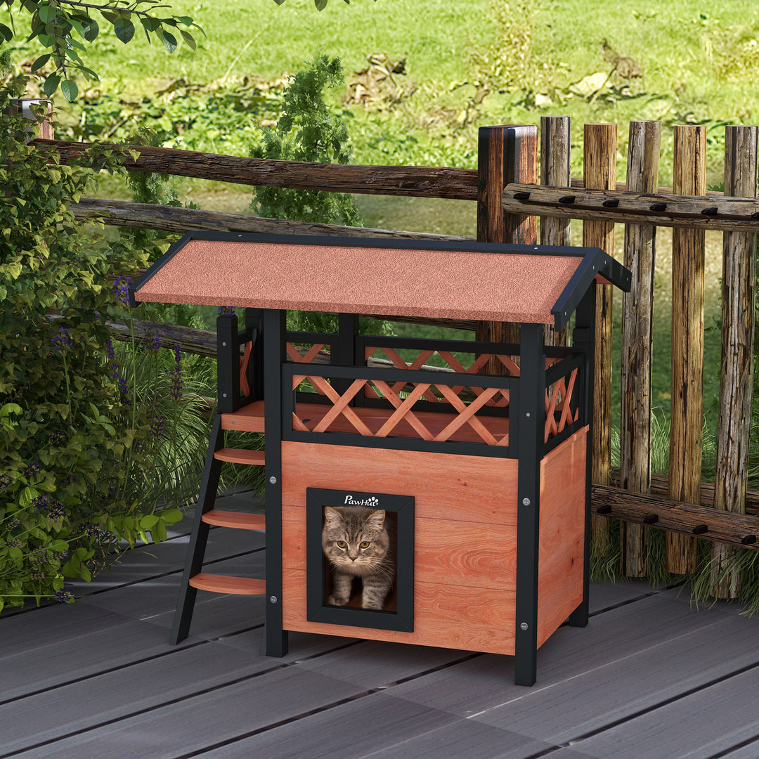 Cat House Outdoor w/ Balcony Stairs Roof, 77 x 50 x 73 cm, Brown