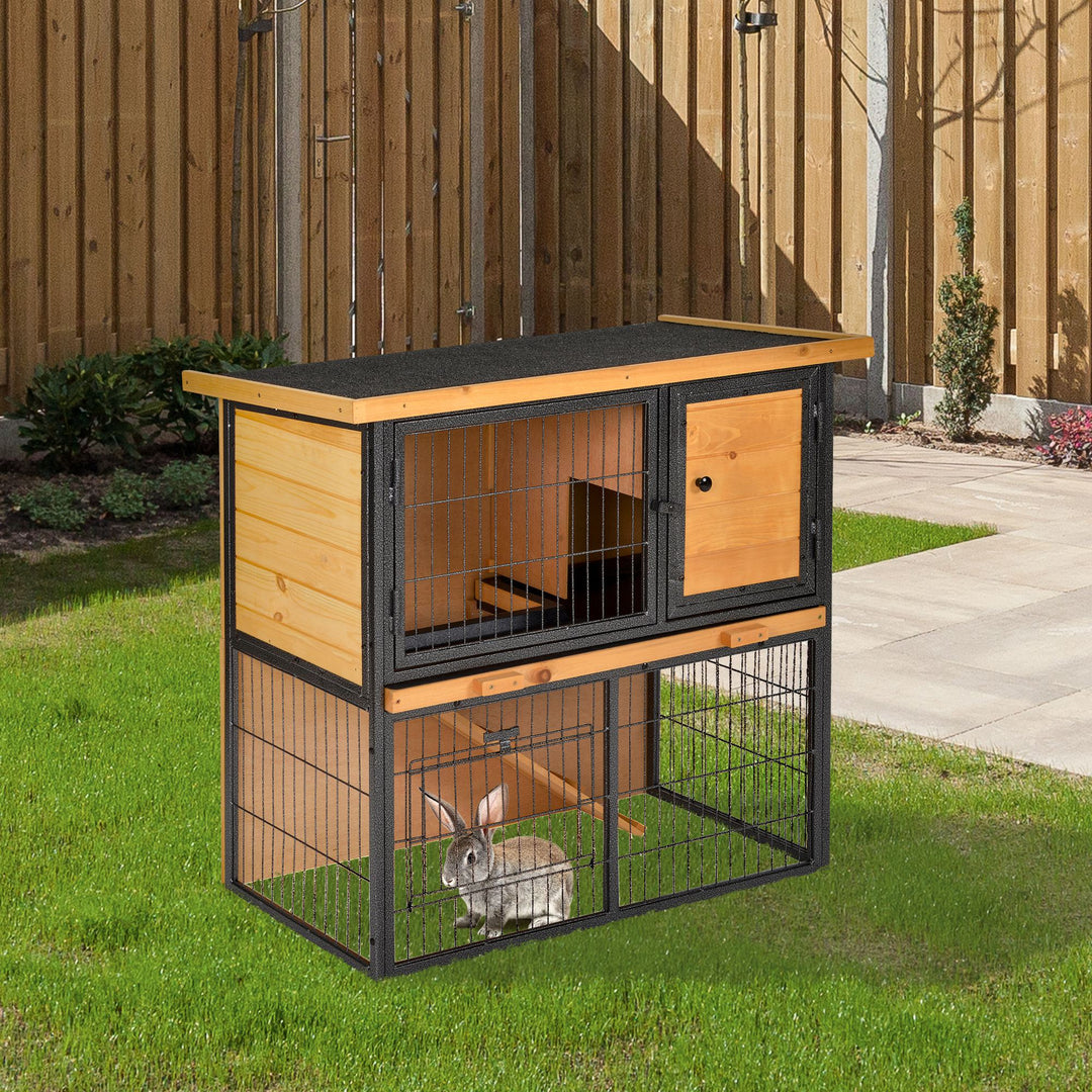 PawHut Wood-metal Rabbit Hutch Elevated Pet House Bunny Cage with Slide-Out Tray Asphalt Openable Roof Lockable Door Outdoor