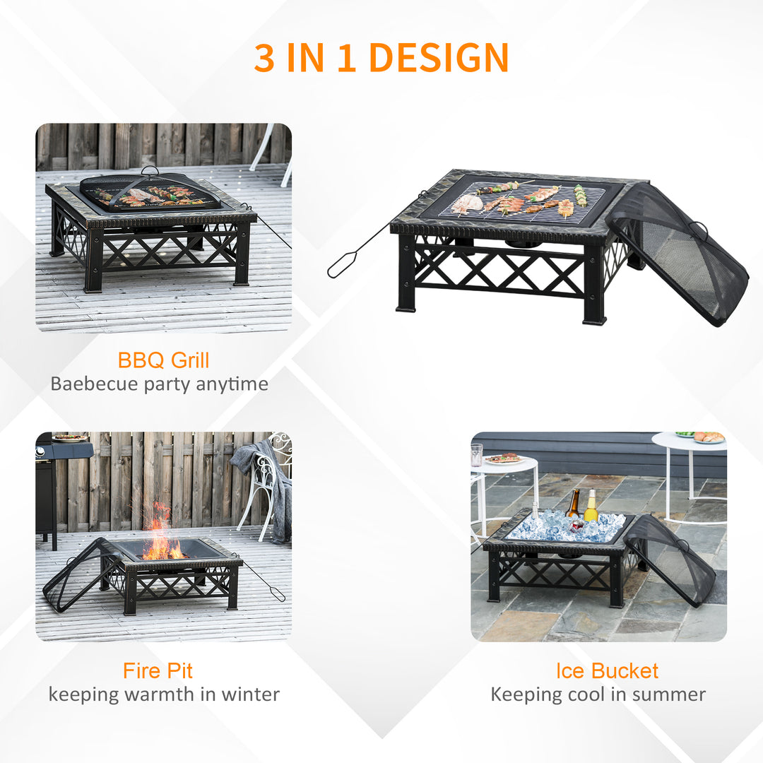 Outsunny 3 in 1 Square Fire Pit Square Table Metal Brazier for Garden, Patio with BBQ Grill Shelf, Spark Screen Cover, Grate, Poker, 76 x 76 x 47cm