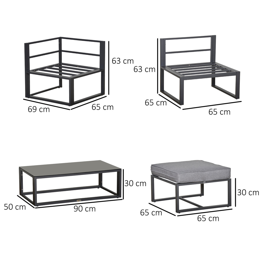 5 Pieces Outdoor Patio Furniture Set, Sofa Couch with Glass Coffee Table, Cushioned Chairs and Metal Frame, for Balcony Garden Backyard, Grey
