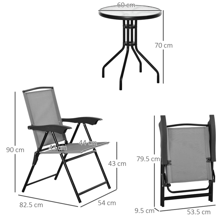 3 Piece Patio Furniture Bistro Set 2 Folding Chairs 1 Tempered Glass Table  Adjustable Backrest - Grey