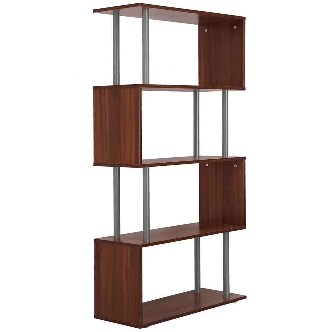 4-Tires Wooden Bookcase S Shape Storage Bookshelf Display for Living Room, Bedroom, Office with Steel Frame, Walnut