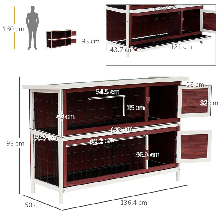 Pawhut Two Floors Wooden Rabbit Hutch Small Pet Animal Guinea Pig Ferret Bunny House Cage for Indoor and Outdoor 136.4x50x93cm