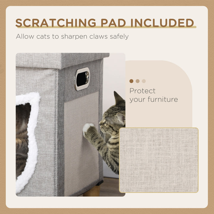 2 in 1 Cat Bed Ottoman, Comfortable Cat Sleeping Cave House w/ Removable Cushion, Scratching Pad, Handles, Anti-Slip Foot Pad, Toy Ball Grey