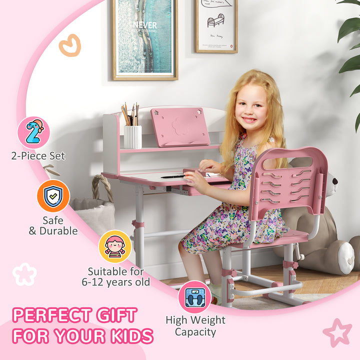 Height Adjustable Kids Study Table and Chair Set, with Drawer, Storage Shelf, Pink