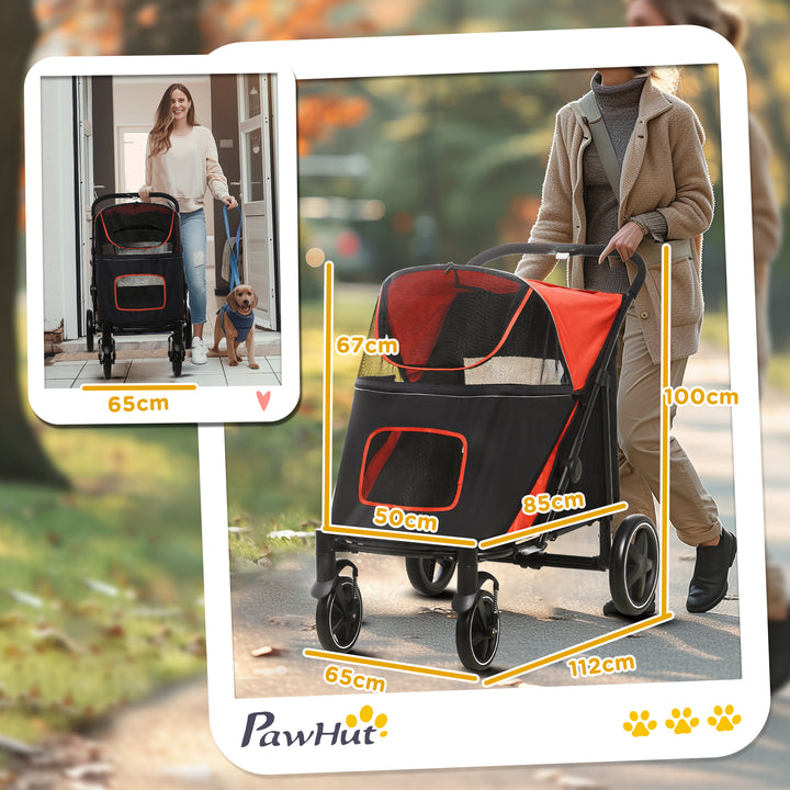 PawHut Pet Stroller with Universal Front Wheels, Shock Absorber, One Click Foldable Dog Cat Carriage with Brakes, Storage Bags, Mesh Window Red