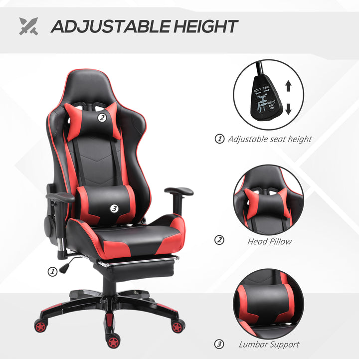 High-Back Gaming Chair Swivel Home Office Computer Racing Gamer Recliner Chair Faux Leather with Footrest, Wheels, Red Black