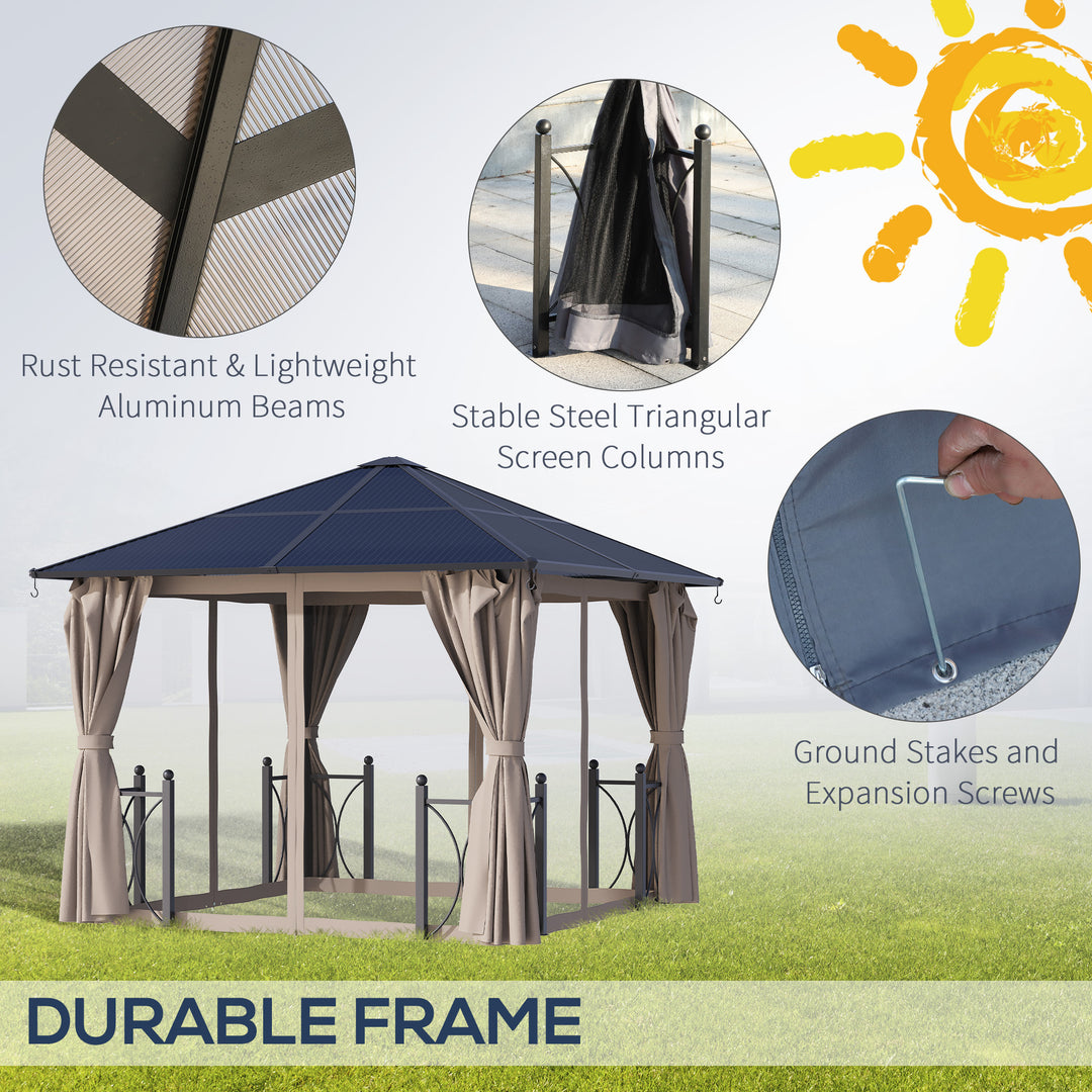 3 x 3(m) Hardtop Gazebo Canopy with Polycarbonate Roof, Steel & Aluminium Frame, Garden Pavilion with Mosquito Netting and Curtains, Black