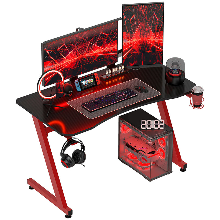 Gaming Desk Steel Frame w/ Cup Headphone Holder Adjustable Feet Cable Organiser Home Office Computer Table Red