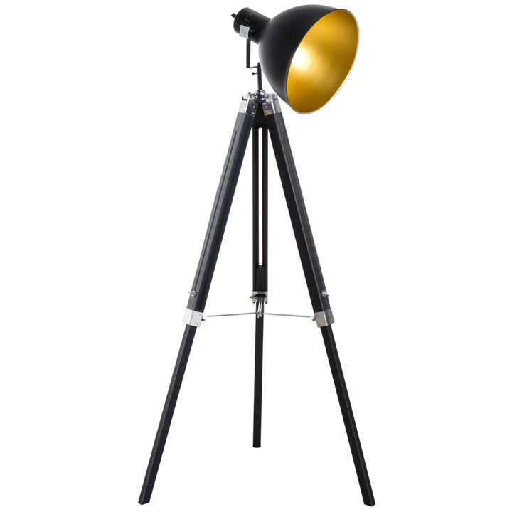 Industrial Floor Lamp for Living Room Tripod Spotlight Reading Lamp w/Wood Legs Metal Shade Adjustable Height Angle Black and Gold