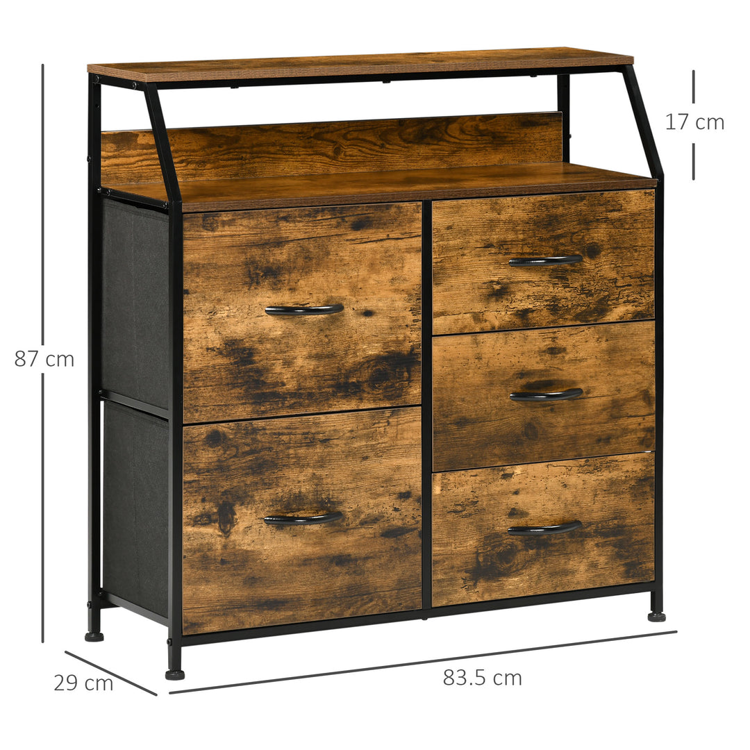 Bedroom Chest of Drawers, Industrial 5 Fabric Drawer Dresser with Open Shelf for Living Room, Rustic Brown
