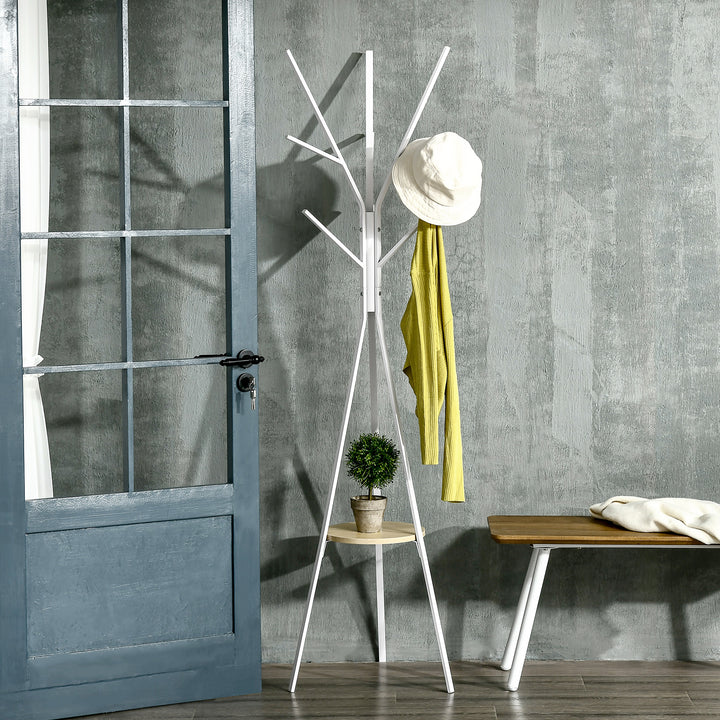 180cm Free Standing Metal Coat Rack Stand 9 Hooks Clothes Tree with 1 Shelf Hat Display Hall Tree Hanger Bag for Hallway Living Room White