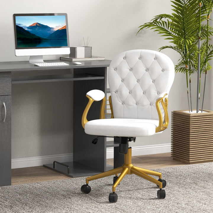 Vinsetto Height Adjustable Home Office Chair, Button Tufted Computer Chair with Padded Armrests and Tilt Function, Cream White