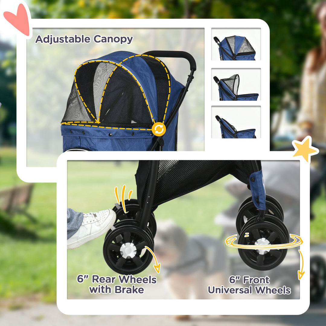 PawHut Pet Stroller, Dog Cat Travel Carriage, Foldable Carrying Bag with Large Carriage, Universal Wheels, Brake Canopy, Basket Storage Bag Dark Blue