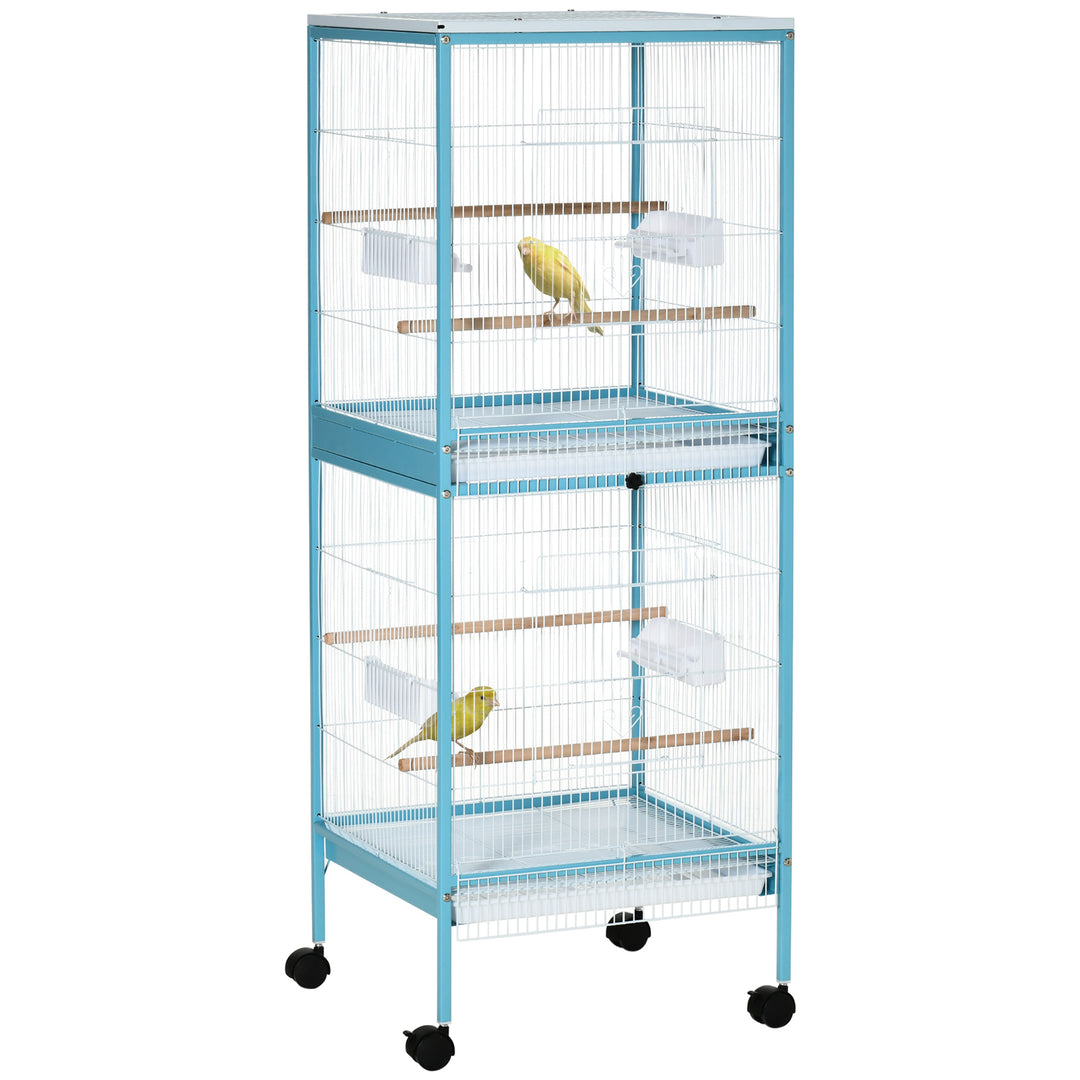 2 In 1 Large Bird Cage Aviary for Finch Canaries, Budgies with Wheels, Slide-out Trays, Wood Perch, Food Containers, Light Blue