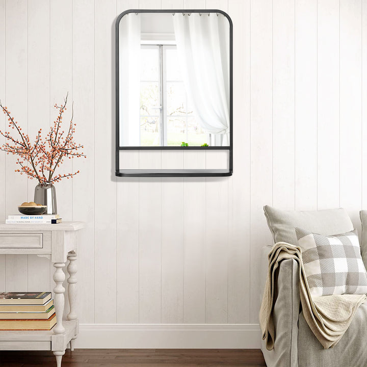 Modern Square Wall Mirror with Storage Shelf, 70 x 50 cm Mirrors for Living Room, Bedroom, Black