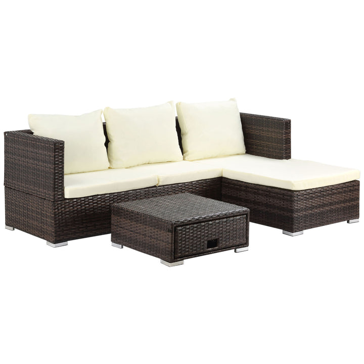 Outsunny 4-Seater Rattan Garden Furniture Storage Sofa Set Wicker Coffee Table Conservatory Sun Lounger Outdoor Weave w/ Cushion, Brown
